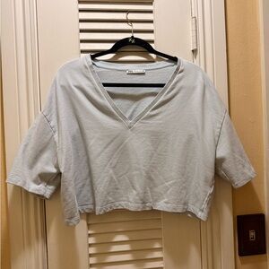 Zara Light Blue Boxy Crop Tee 3/4 Sleeve
